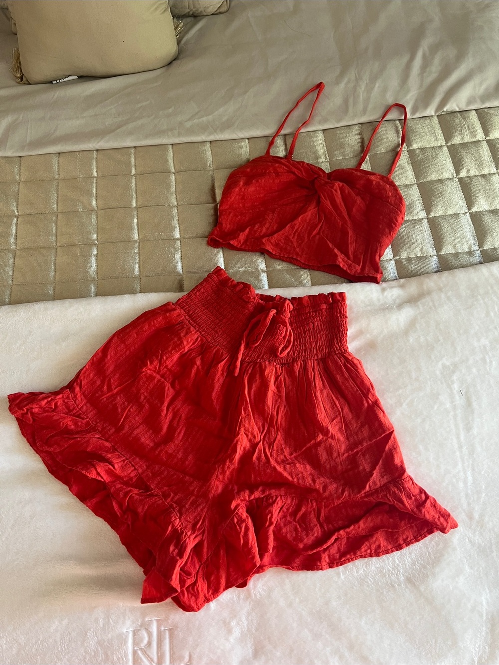 Dark bright orange two-piece crop top & high-waist shorts set